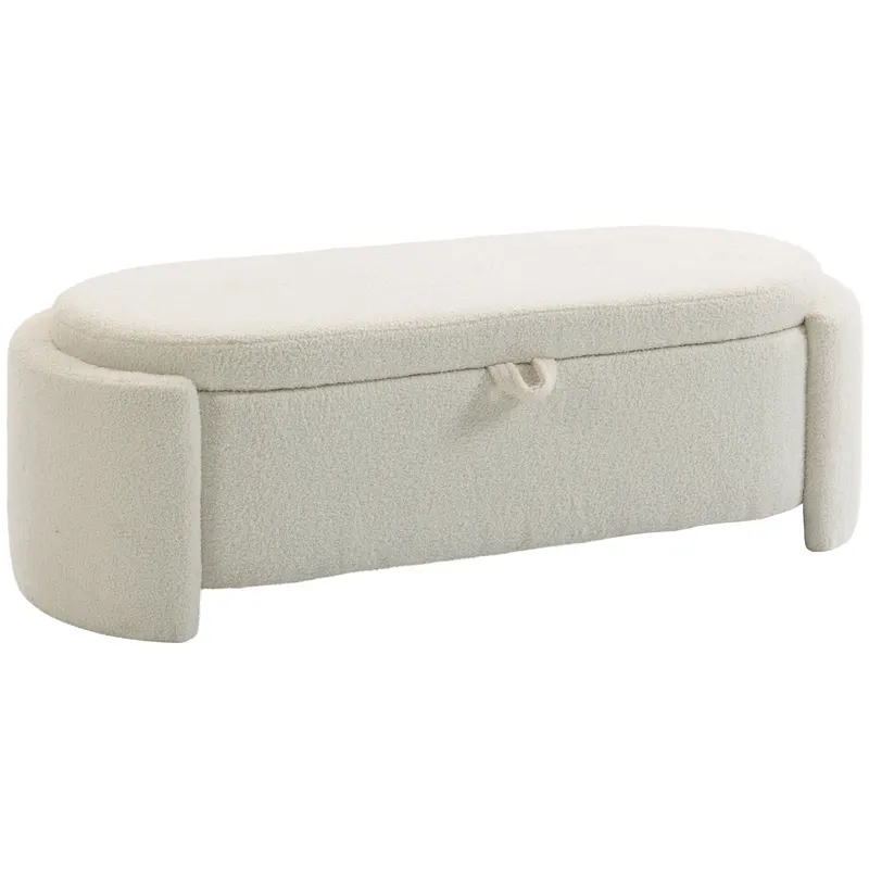 HOMCOM Banc de depozitare, banc la picioarele patului oval din polar Teddy cu șezut lat, 129 x 48,5 x 44 cm, crem | Romania