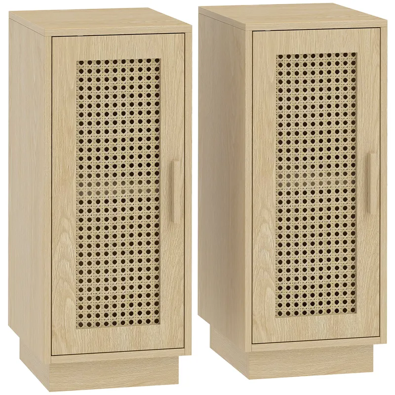 HOMCOM Set de 2 Noptiere, Poliță Reglabilă și Ușă din Rășină Împletită, Stil Boem, 25 x 30 x 60 cm, Lemn Natural | Romania