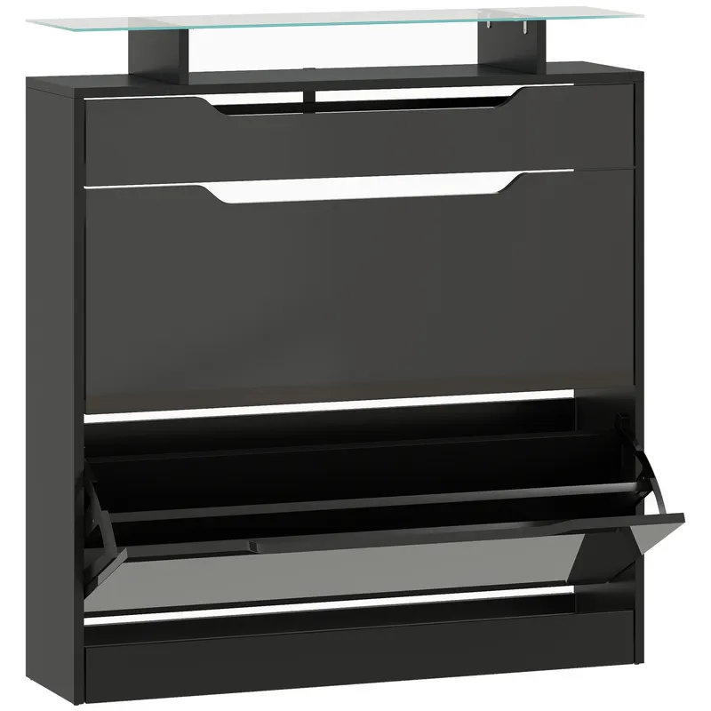 HOMCOM Dulap pentru pantofi, 2 uși rabatabile, 1 sertar glisant, 1 blat, 89x23x96cm, Negru | Romania