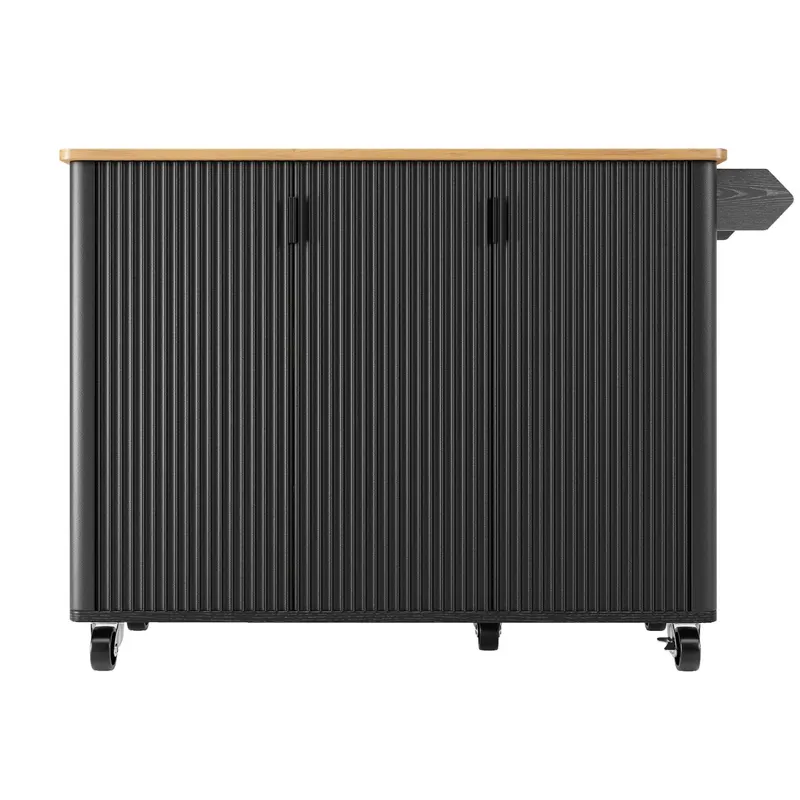 Insulă mobilă de bucătărie cu blat rabatabil, 3 uși, suport pentru prosoape și raft pentru condimente, 130x45/75x92 cm, Negru