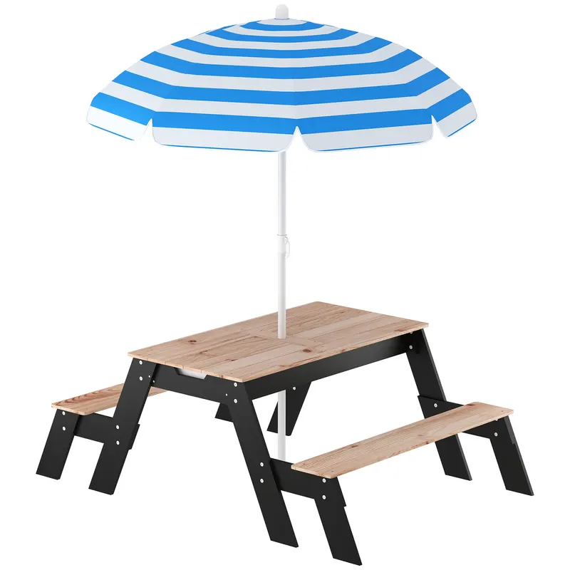 AIYAPLAY Masă de picnic pentru copii cu parasolar, set de grădină din lemn 3 în 1 pentru copii 3-6 ani cu 2 cutii, natural | Romania
