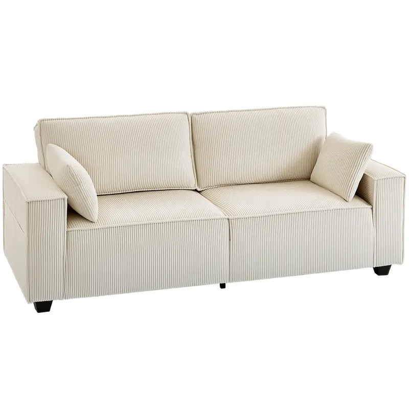 HOMCOM Canapea 3 locuri din velur canelat 218 cm, canapea de living, perne cu arcuri, cotiere late, 2 perne, bej | Romania