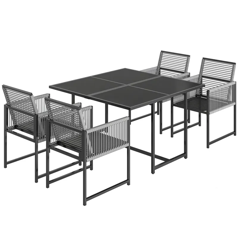 Outsunny Set mobilier grădină 5 piese masă din sticlă cu 4 scaune respirabile, spătare rabatabile, împletitură din sfoară | Romania