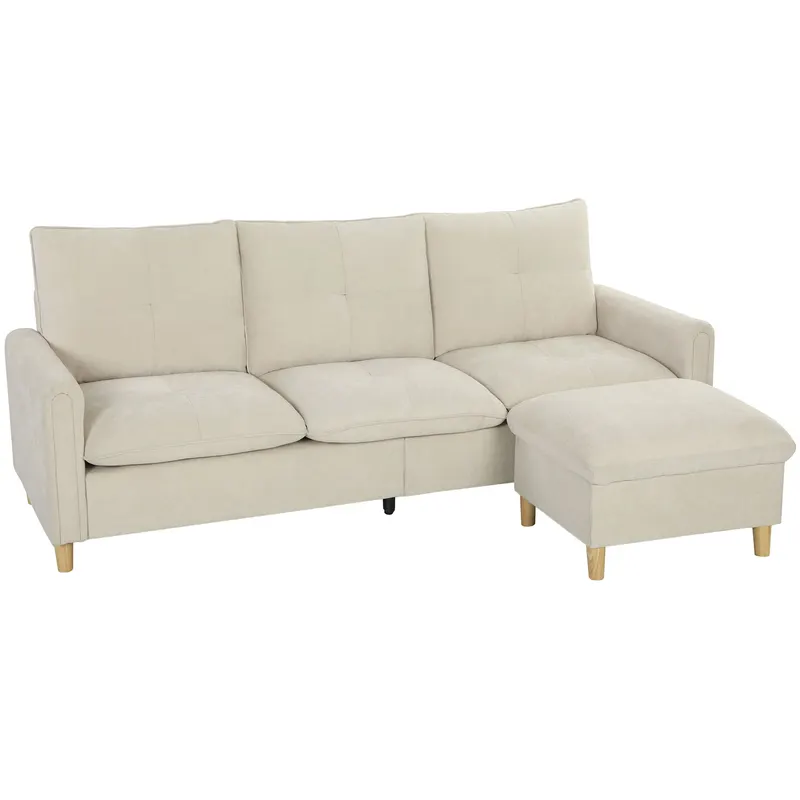 HOMCOM Canapea 3 locuri cu ottoman de depozitare, colțar modular 210 cm, șezut larg, țesătură cu aspect de in, crem | Romania