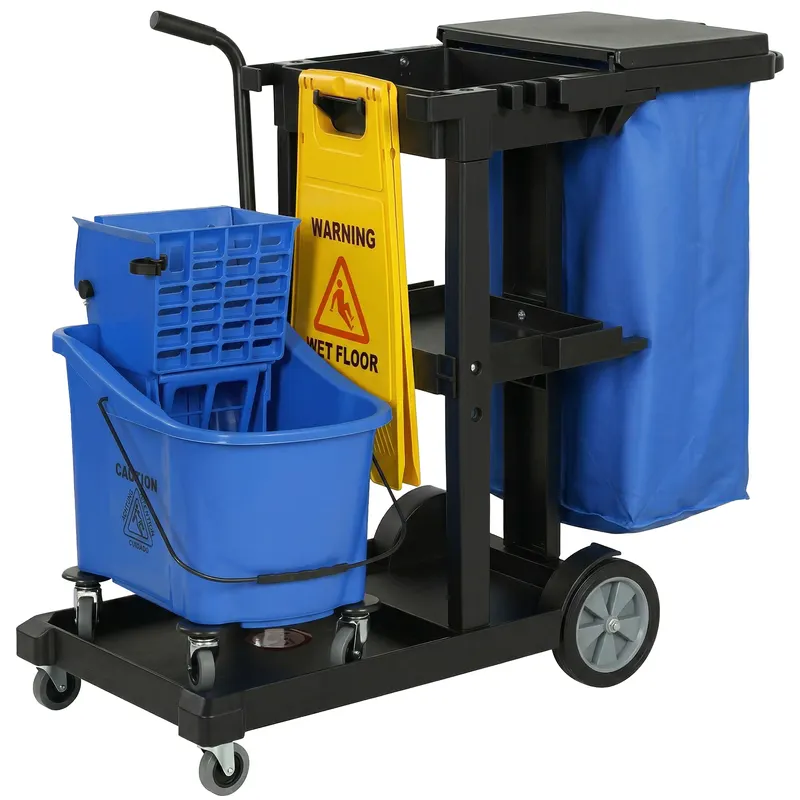 HOMCOM Cărucior de curățenie, cărucior mobil cu 3 rafturi, sac de gunoi 70 L, găleată cu stoarcere pentru mop, Albastru | Romania