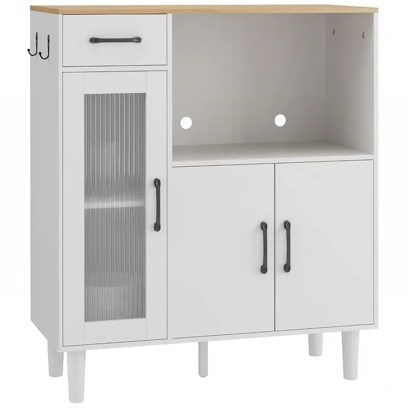 HOMCOM Bufet dulap de bucătărie cu sertar, 2 dulapuri, compartiment deschis, ușă acrilică nervurată 80 x 34 x 91 cm Alb+Stejar | Romania