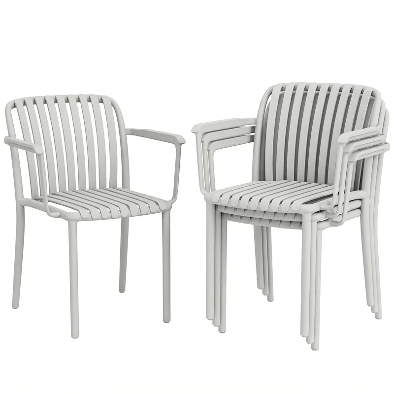 Outsunny Set 4 Scaune de Grădină Stackabile din Polipropilenă Anti-UV, Design Lamelar cu Cotiere, pentru Terasă Balcon Exterior Interior, Gri | Romania