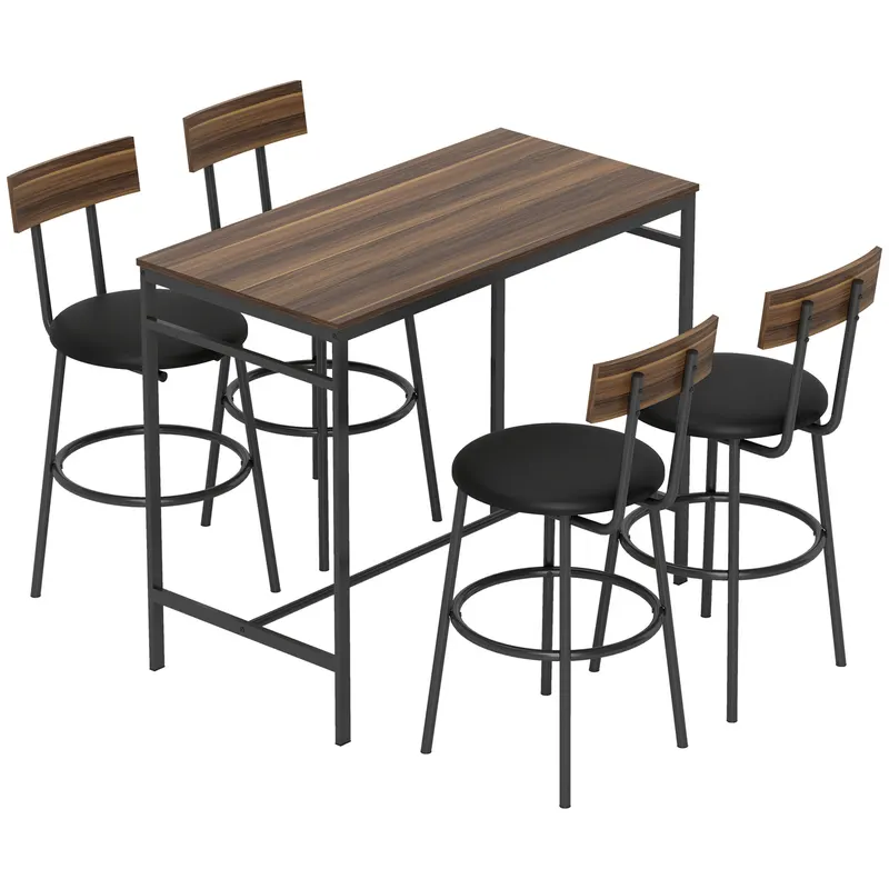 HOMCOM Set masă de bar 5 piese cu 4 scaune, design industrial, pentru bucătărie, sufragerie, lemn, oțel, maro | Romania