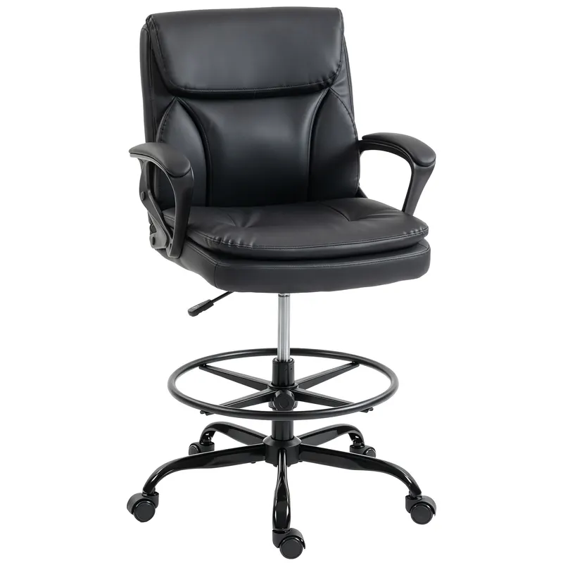 HOMCOM Scaun de desen Scaun de birou ergonomic rotativ cu înălțime și suport pentru picioare reglabil Negru | Romania