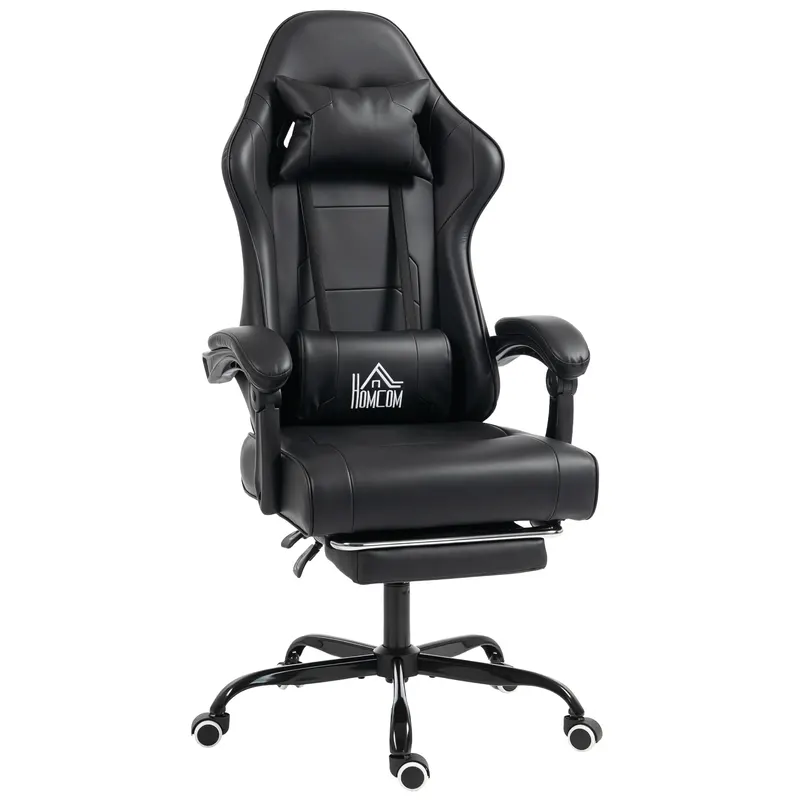 HOMCOM Scaun de gaming ergonomic, fotoliu gamer cu suport lombar masaj, spătar înclinat, înălțime reglabilă, negru | Romania