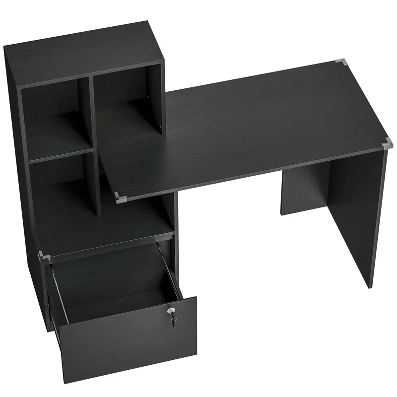 HOMCOM Birou pentru calculator cu bibliotecă 4 compartimente și sertar blocabil, 126 x 50 x 109 cm, negru | Romania