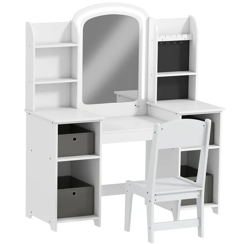 AIYAPLAY Toaletă pentru copii cu taburet și oglindă LED, masă de machiaj pentru 3–8 ani, 104 x 40 x 112 cm, alb | Romania