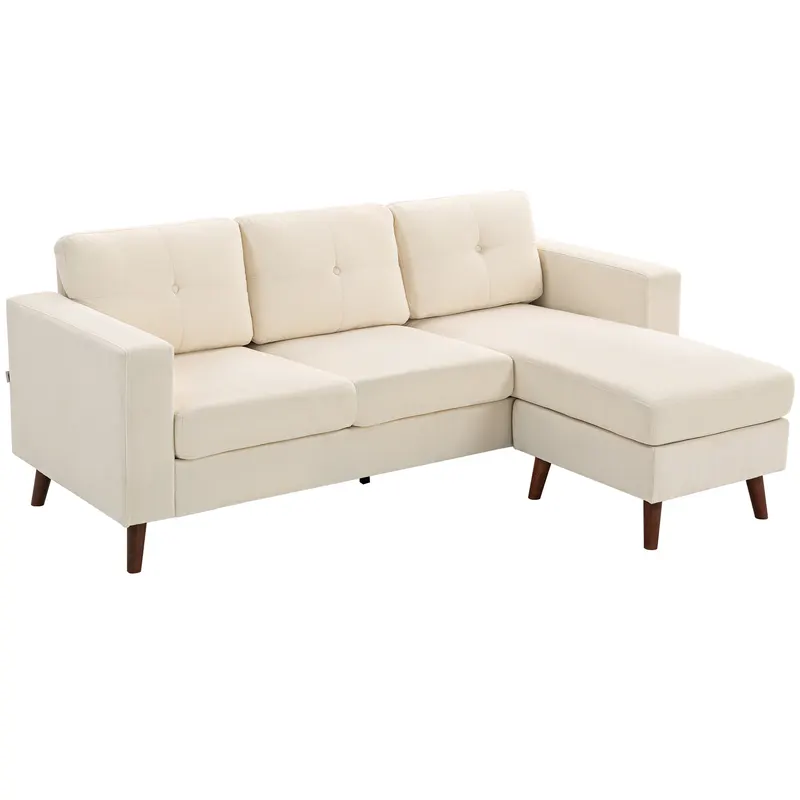 HOMCOM Canapea colțar 192 cm în formă de L, canapea 3 locuri cu chaise-longue reversibilă, aspect cord, pentru spații mici, alb crem | Romania