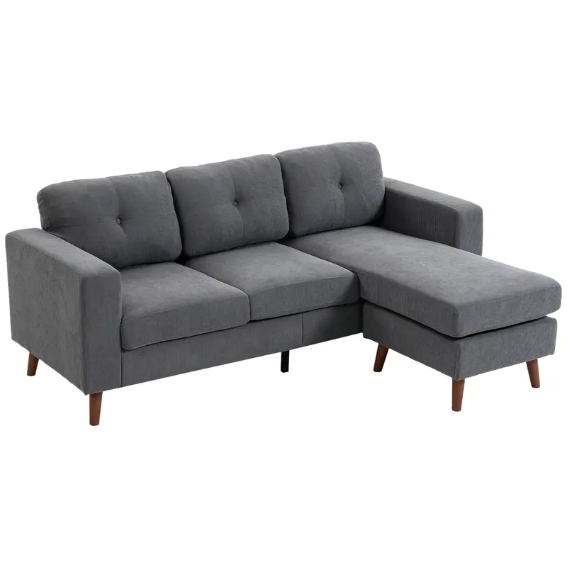 HOMCOM Colțar 192 cm în formă de L Canapea 3 locuri cu șezlong reversibil, aspect corduroy, pentru spații mici, Gri închis | Romania