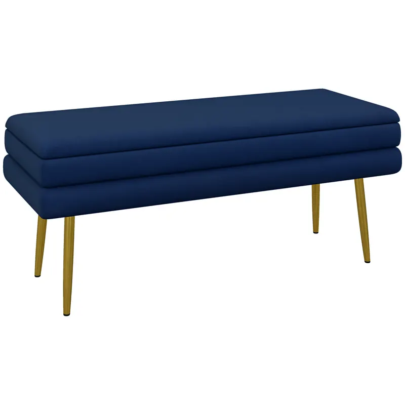 HOMCOM Bancă bancă cutie de depozitare 2 în 1 scaun aspect catifelat și picioare de oțel - 100 x 37,5 x 42 cm bleu și aurit | Romania