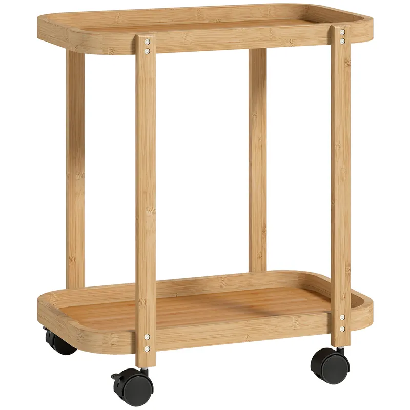 HOMCOM Cărucior de bucătărie din bambus 2 niveluri Cărucior auxiliar pentru bucătărie cu roți 2 rafturi 54x36,5x60 cm Natural | Romania