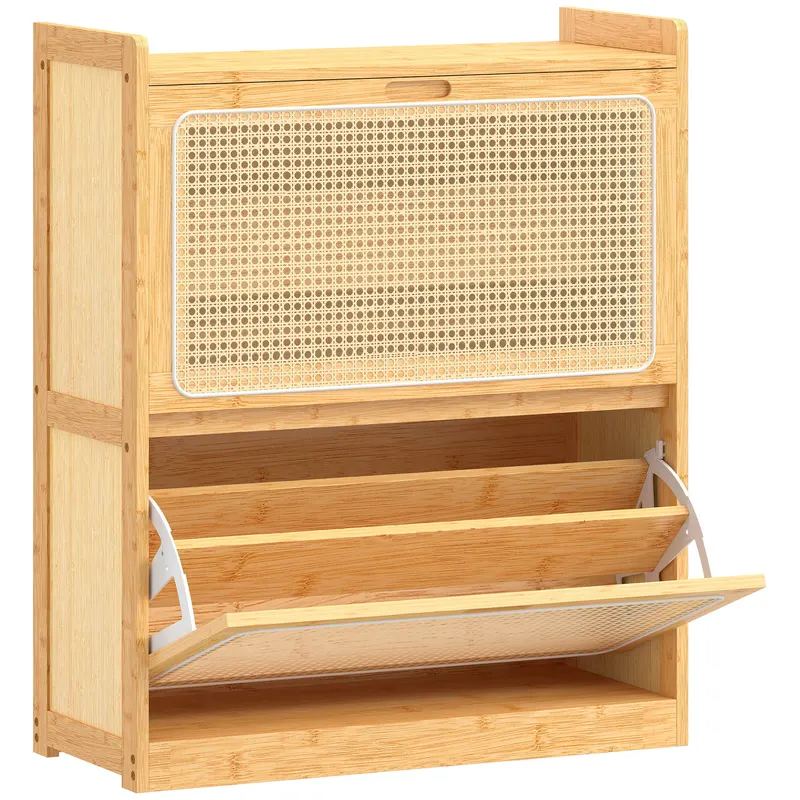 HOMCOM Pantofar îngust din bambus cu 2 sertare rabatabile din ratan pentru 12-14 perechi 69x29x83 cm Natural | Romania