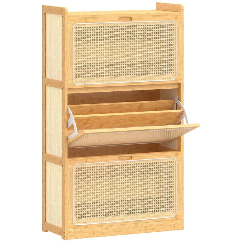 HOMCOM Pantofar Îngust din Bambus cu 3 Sertare Rabatabile din Ratan pentru 18-21 Perechi de Încălțăminte 69x29x119,8 cm Natural | Romania