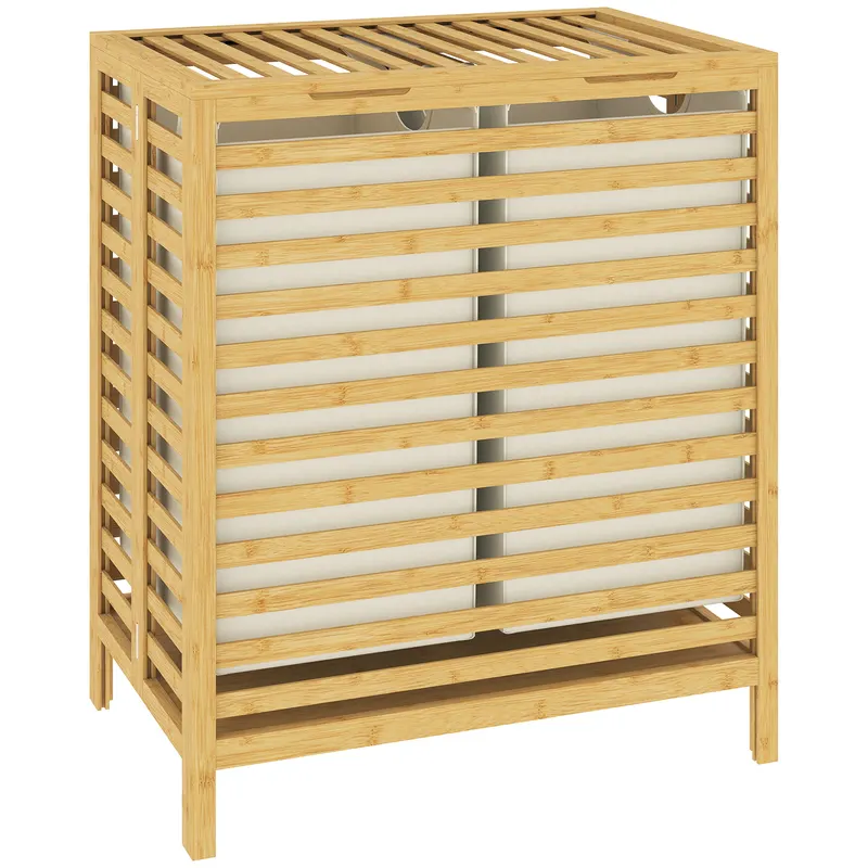 HOMCOM Coș de Rufe din Bambus 64L cu Capac, 2 Saci din Material Oxford Detașabili și Lavabili, Culoare Lemn | Romania