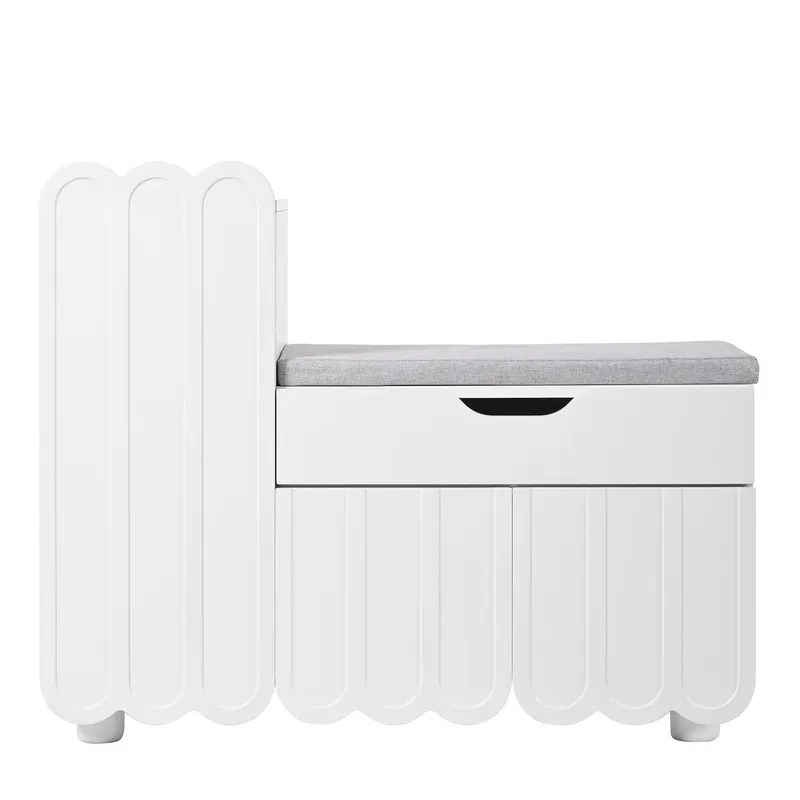 3-Dulap pentru pantofi, cu sertar și șezut tapițat, 90x35x74,5 cm, Alb