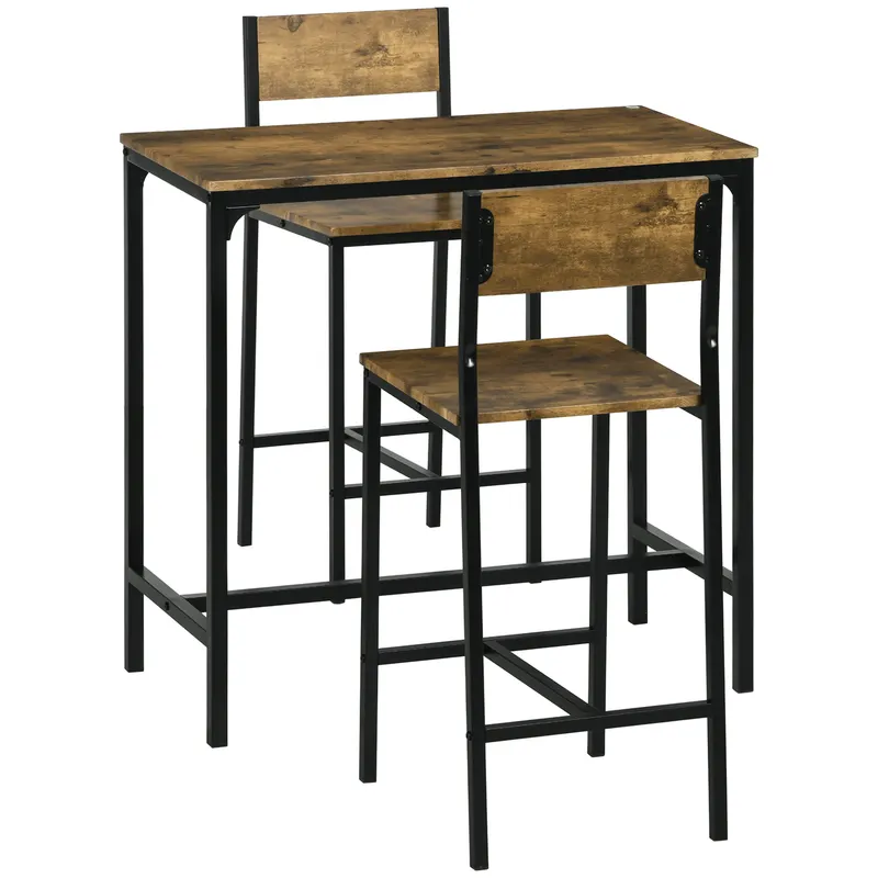HOMCOM Set de bar 3 piese, masă înaltă, 2 scaune, MDF, cadru metalic, rezistent la apă, Maro | Romania