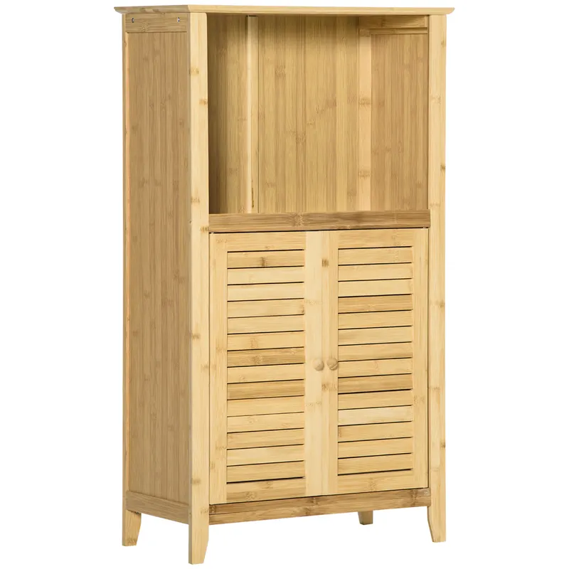 HOMCOM Dulap de baie, dulap baie, raft independent cu 2 uși oblon, raft deschis, bambus, dulap de depozitare pentru baie, living 50 x 25,5 x 92cm Natural | Romania