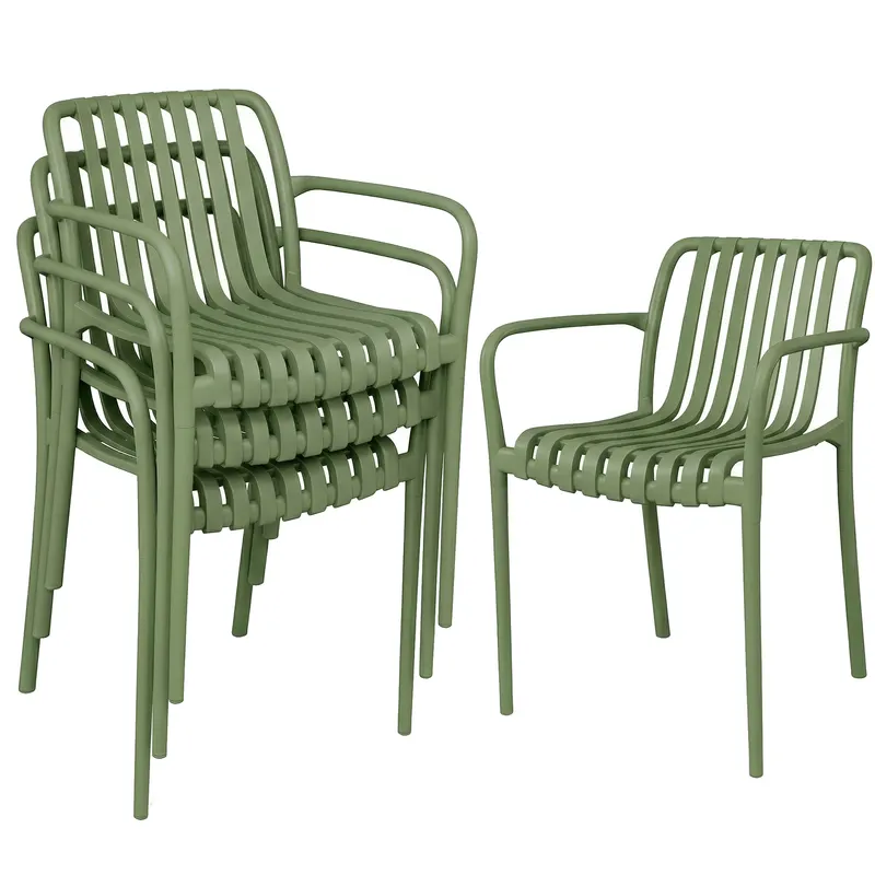 Outsunny Set 4 Scaune de Grădină Stivuibile din Plastic Anti-UV, Scaune pentru Prânz în Exterior cu Spătar Ergonomic cu Lamele și Mânere, pentru Terasă Balcon Grădină Exterior Interior, 55x58,5x81,5 cm, Verde | Romania