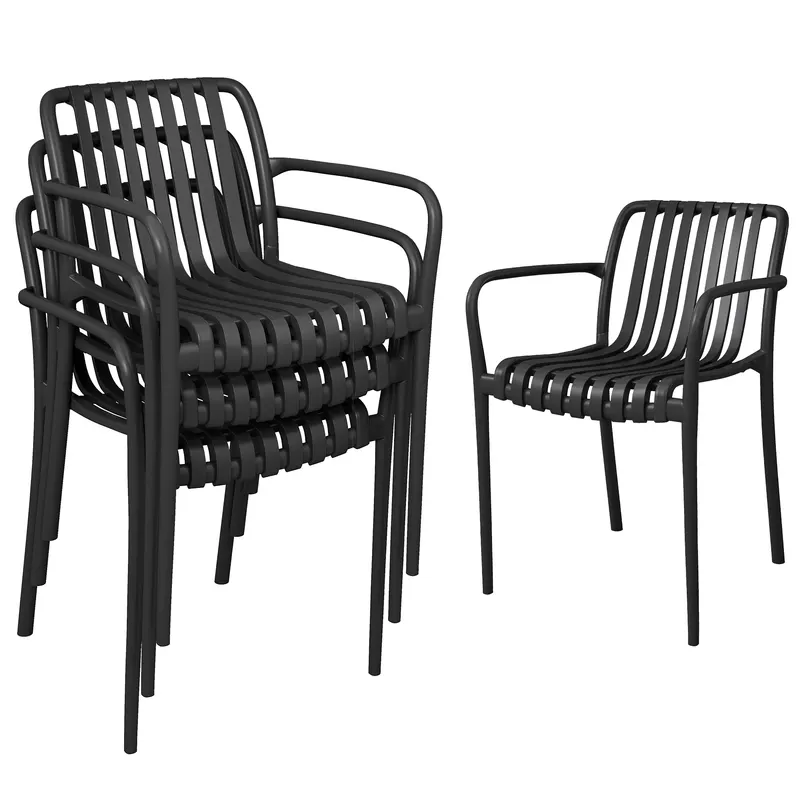 Set 4 Scaune de Grădină Outsunny Stivuibile din PP Rezistent la Razele UV, Scaune de Luat Masa pentru Exterior cu Spătar Ergonomic cu Lamele și Brațe, pentru Terasă, Balcon, Grădină, 55x58,5x81,5 cm, Negru | Romania