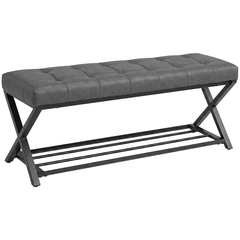 HOMCOM Bancă pentru încălțăminte, bancă de intrare cu perna din piele artificială, 112 x 37 x 47 cm, Gri închis | Romania