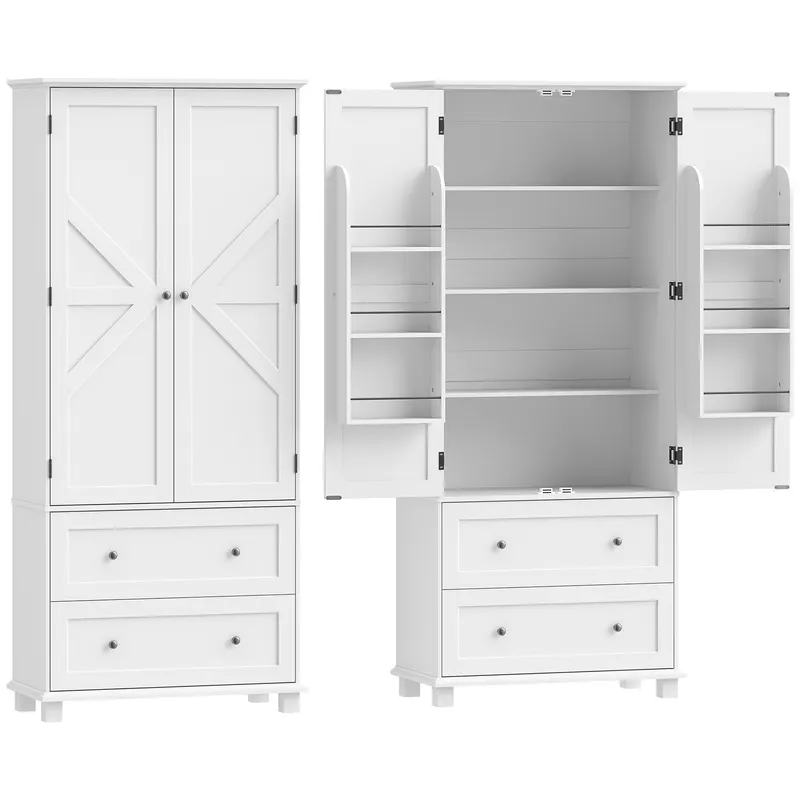 HOMCOM Bufet înalt bucătărie, dulap de bucătărie 2 uși, 2 sertare, 6 suporturi pe uși, rafturi reglabile, 80x39,5x184,5cm, alb | Romania