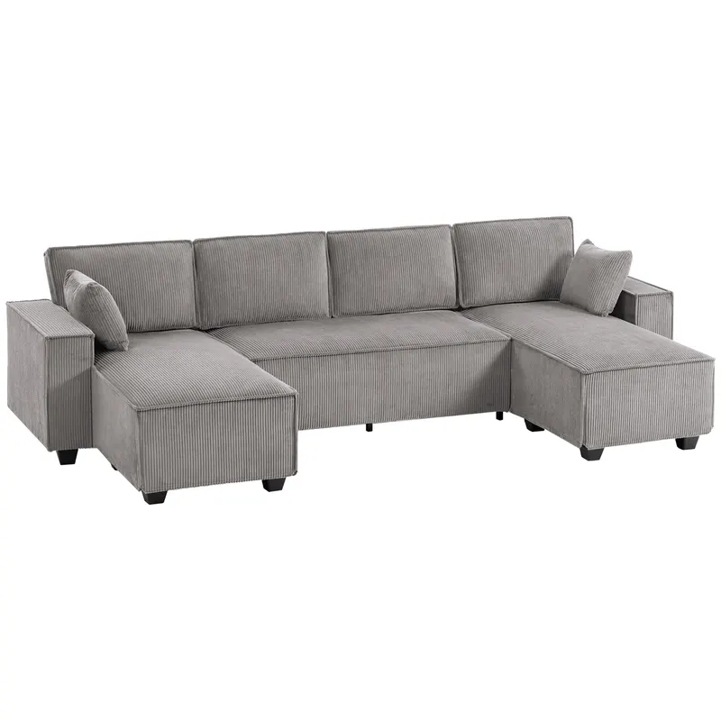 HOMCOM Colțar cu două chaise-longue, canapea în formă de U din material cord cu șezut lat și adânc, perne cu arc, Gri deschis | Romania