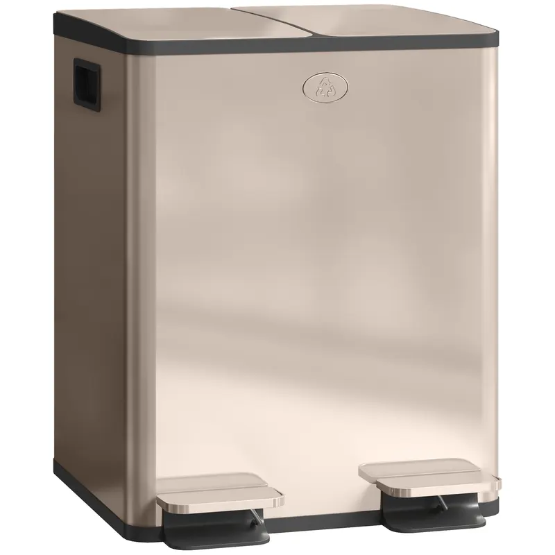 HOMCOM Coș de gunoi pentru bucătărie 2 compartimente 2 x 20L, oțel inoxidabil, capac cu închidere silențioasă, 45,8x36x51,6cm, auriu | Romania