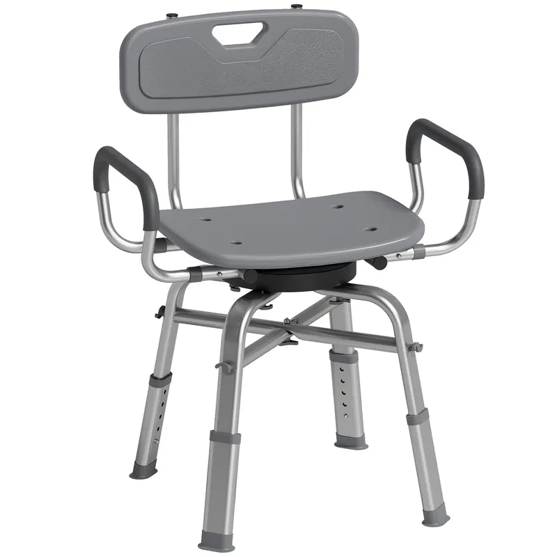 HOMCOM Scaun de Duș Rotativ cu Înălțime Reglabilă, Brațe și Spătar, Capacitate 150 kg, Gri | Romania