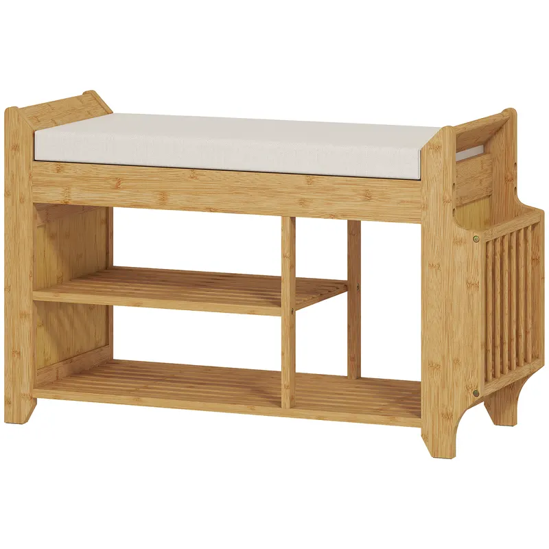 HOMCOM Bancă pentru pantofi cu șezut căptușit Depozitare laterală Raft pentru cizme Cadru din bambus 80x30x50 cm Natural | Romania