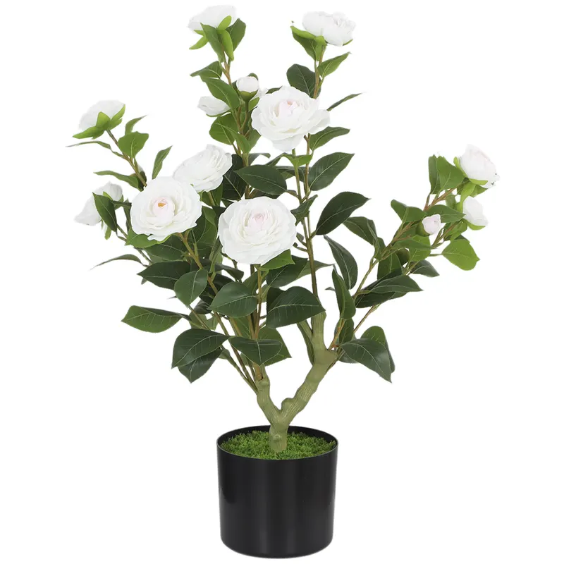 HOMCOM Plantă Artificială de Camelie 65cm Copac Artificial în Maceta cu Flori de Mătase Realiste 116 Hojas Efecto Musgo Alb | Romania