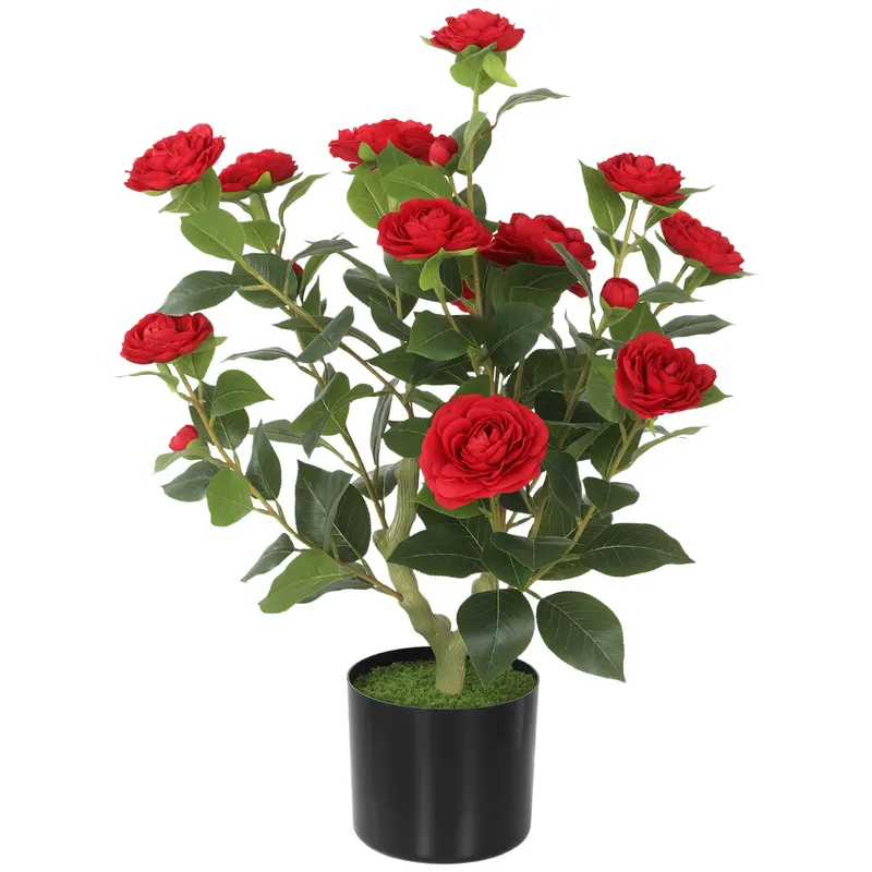 HOMCOM Plantă Artificială de Camelie 65 cm Arbore Artificial în Ghiveci cu Flori din Mătase Realiste 116 Frunze Efect Mușchi Roșu | Romania