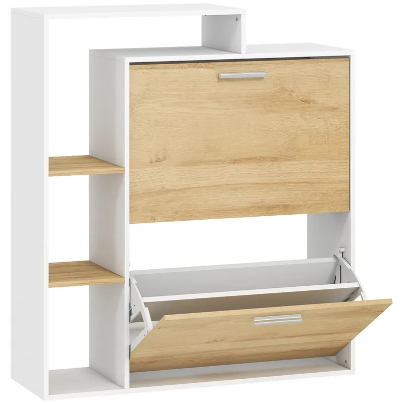 HOMCOM Dulap Slim pentru Pantofi cu 2 Sertare Rabatabile, Dulap Intrare cu Rafturi Reglabile, 3 Rafturi Deschise, Spațiu pentru 8 Perechi de Pantofi, Alb și Lemn Natural, 80x26x90 cm | Romania