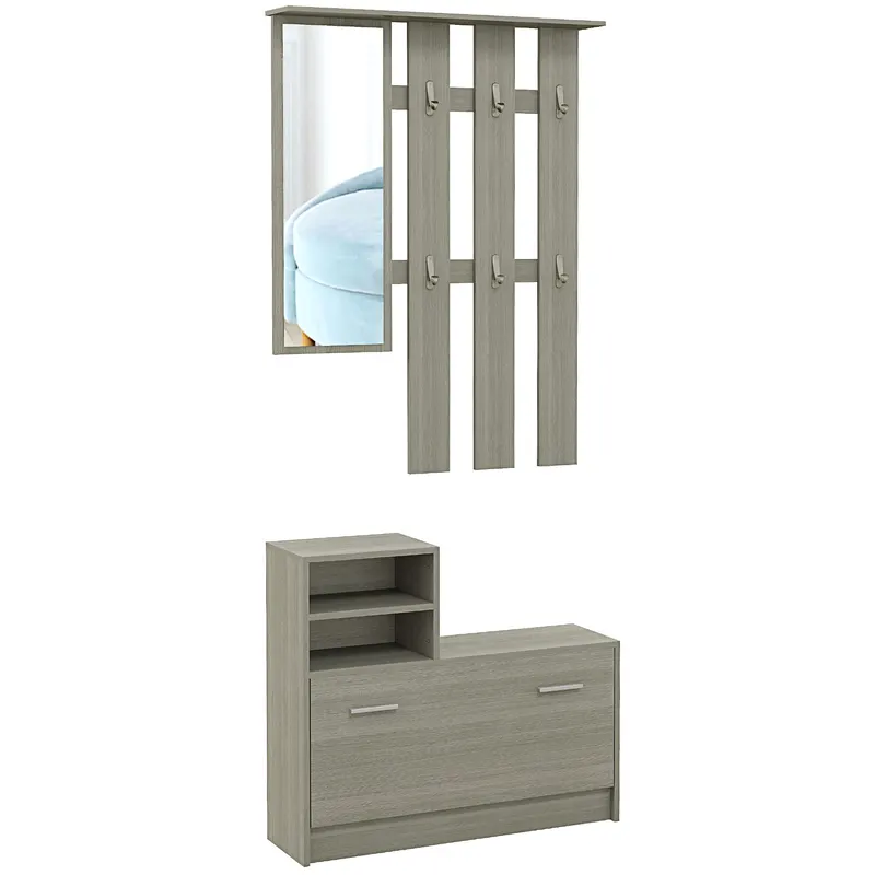 HOMCOM Set de Depozitare 4-în-1 pentru Hol, Cuier de Perete cu Oglindă, Bancă pentru Încălțăminte, 85x15x110 cm, Gri | Romania