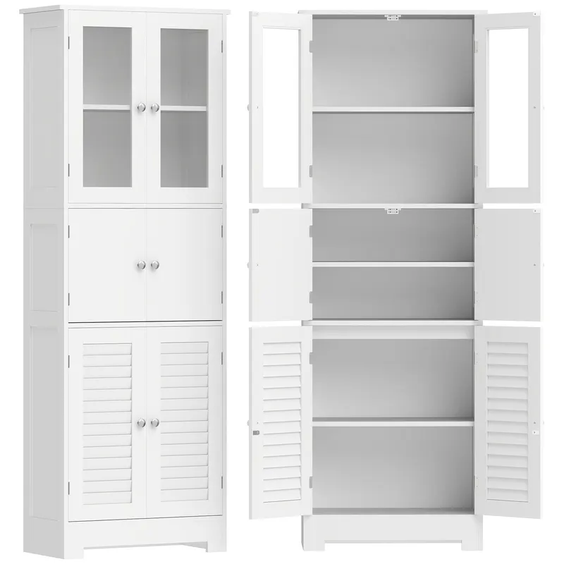 HOMCOM Dulap înalt pentru baie, mobilier de depozitare cu 6 uși dintre care 2 vitrate și 2 tip persiană, raft reglabil, alb | Romania