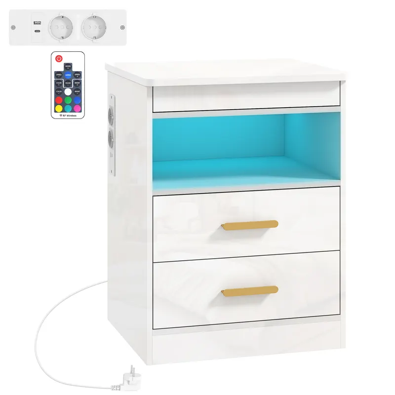 HOMCOM Noptieră modernă, masă laterală cu stație de încărcare și iluminare LED RGB, alb lucios | Romania