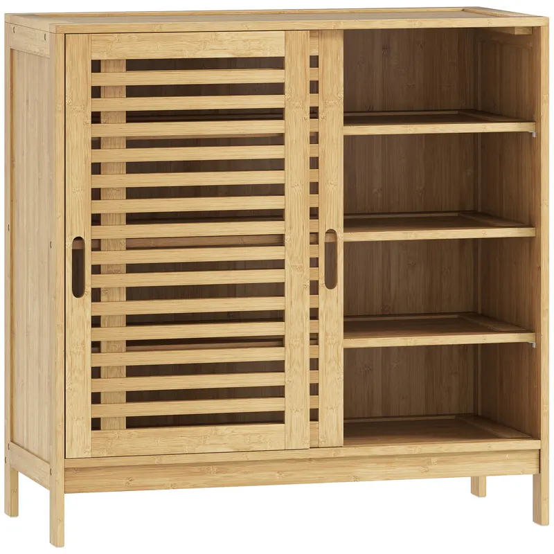 HOMCOM Pantofar cu 2 uși glisante cu lamele, rafturi reglabile pentru 16 perechi de pantofi, 80x35x80 cm, natural | Romania