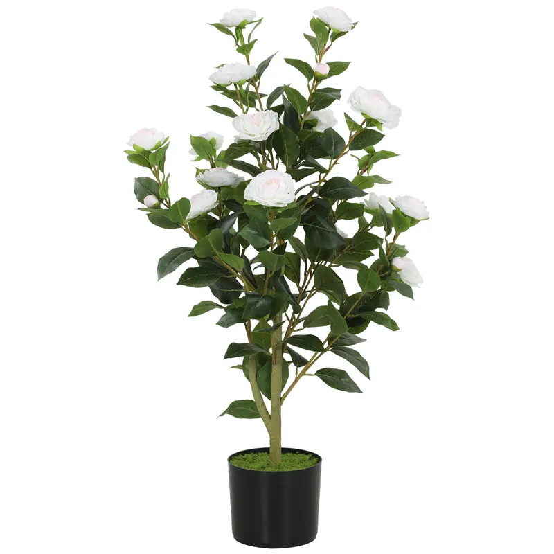 HOMCOM Plantă Artificială Camelie, Flori Realiste, 176 Frunze PEVA, Ghiveci PP, Alb | Romania