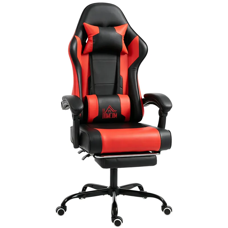 HOMCOM Scaun Gamer cu Masaj Lombar Vibrații Reclinabil 155° Înălțime Reglabilă Tetiere și Suport pentru Picioare Retractabil Roșu | Romania