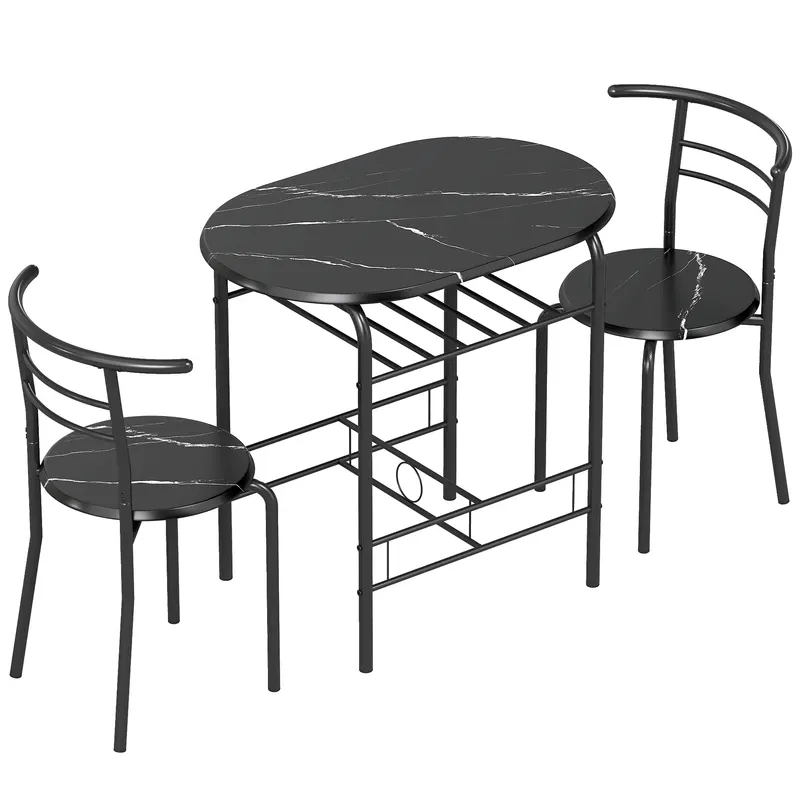 HOMCOM Set de luat masa 3 piese, masă de bucătărie și scaune pentru 2 persoane cu raft, living, aspect marmorat negru | Romania