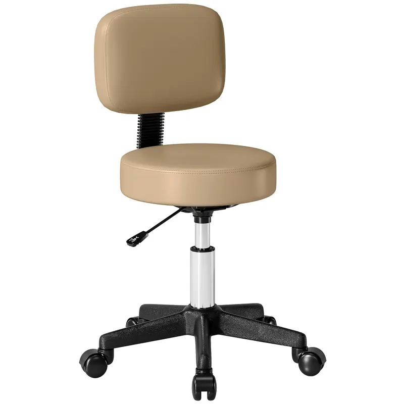 HOMCOM Taburet cu roți reglabil pe înălțime cu spătar 72-84 cm, 360° rotativ, scaun de lucru pentru birou, salon, maro deschis | Romania