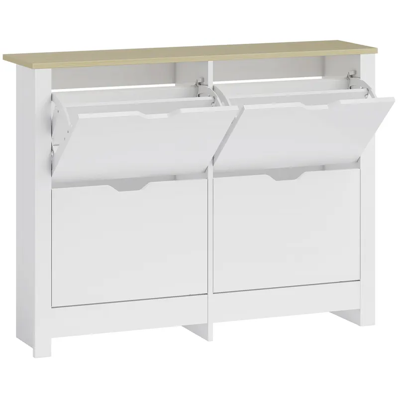 HOMCOM Dulap pentru pantofi îngust cu 4 compartimente rabatabile pentru 8–16 perechi de pantofi, 105 x 26 x 80 cm, Alb+Natural | Romania