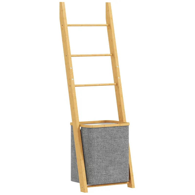 HOMCOM Suport prosoape din bambus cu coș de rufe, scară suport pentru prosoape cu 1 coș de rufe, 43 x 35 x 133 cm, gri | Romania