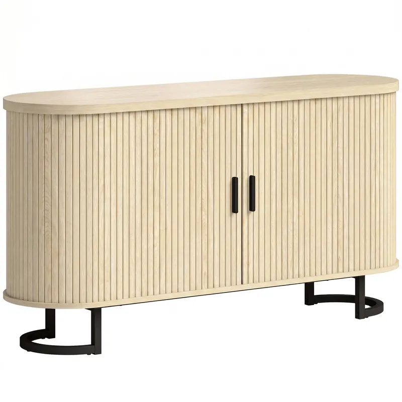 HOMCOM Bufet living, mobilier de depozitare oval cu 2 uși glisante și polițe reglabile, 140x40x75cm, lemn natural | Romania