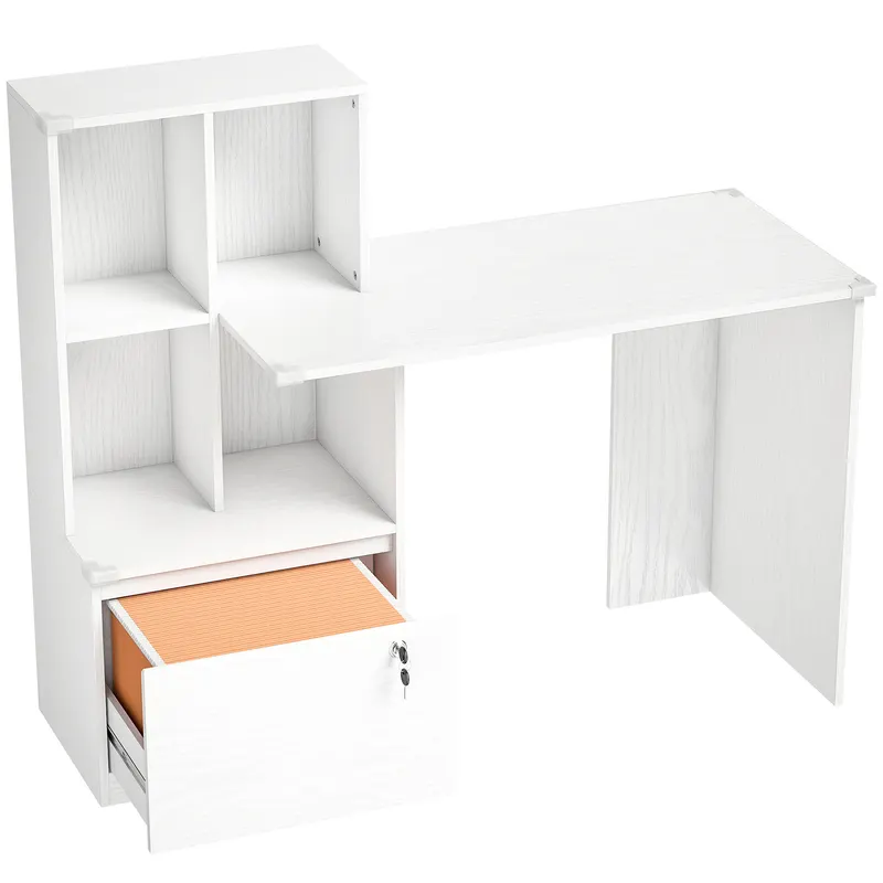HOMCOM Birou de calculator cu bibliotecă 4 compartimente și sertar încuiabil, 126 x 50 x 109 cm, aspect lemn alb | Romania