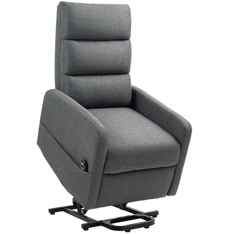 HOMCOM Fotoliu relax electric cu funcție de ridicare, telecomandă, spumă moale, buzunar lateral, husă cu aspect de in, Gri | Romania